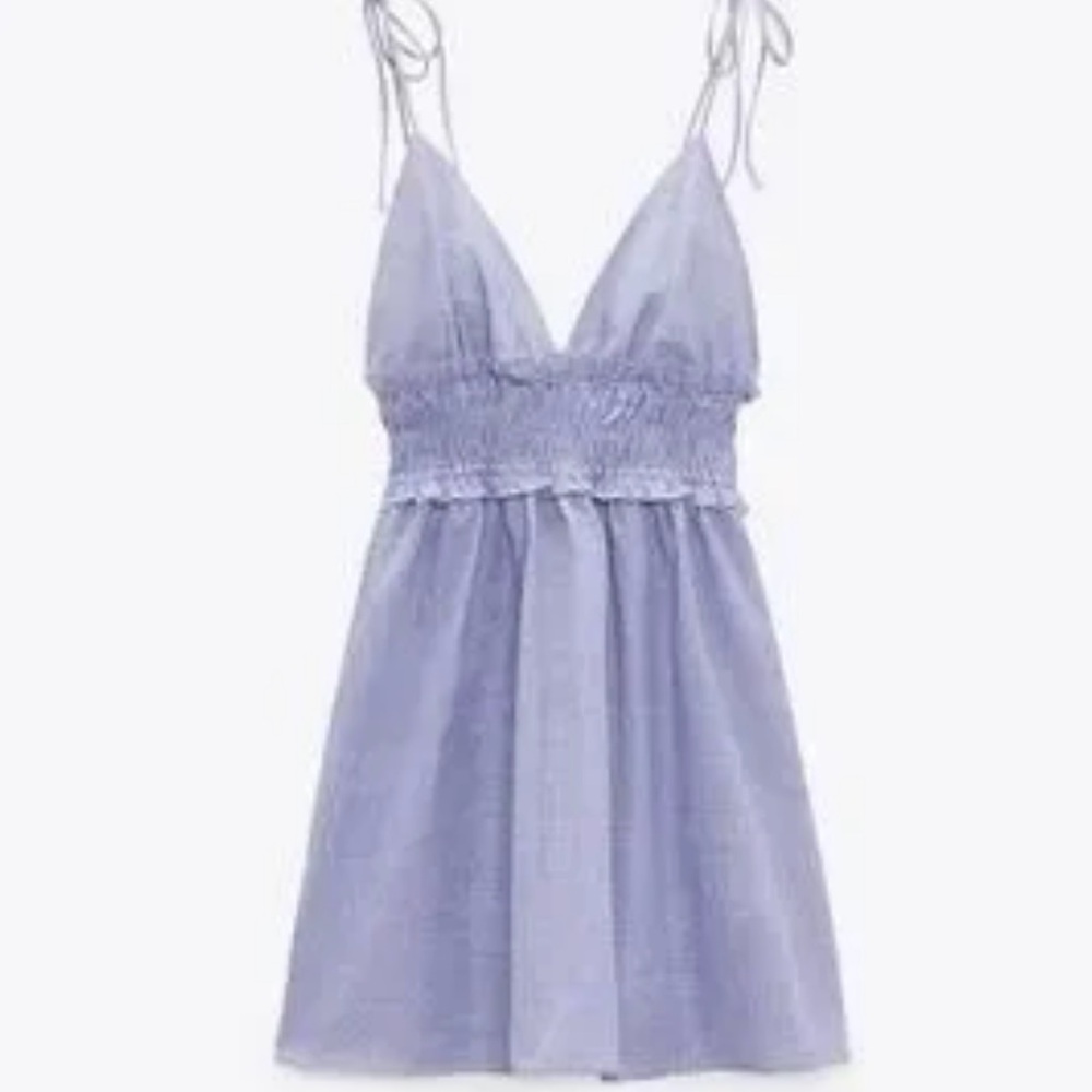 Zara blue and white striped mini sundress smocked V neck tie shoulder strap Sm